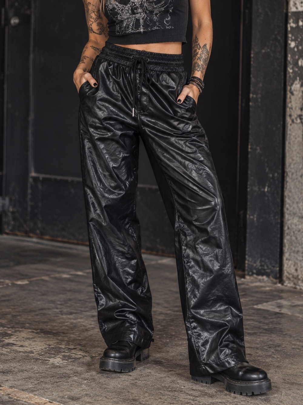 Andree by Unit Black Faux Leather Wide Leg Pants – S/M/L